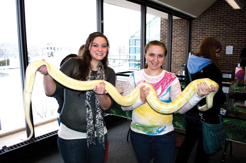 GVL / Bo Anderson
Nicole Hollenbeck (left), visiting her sister Jessica Hollenbeck (right) and holding a snake during the reptile exhibit of Sibs and Kids Weekend