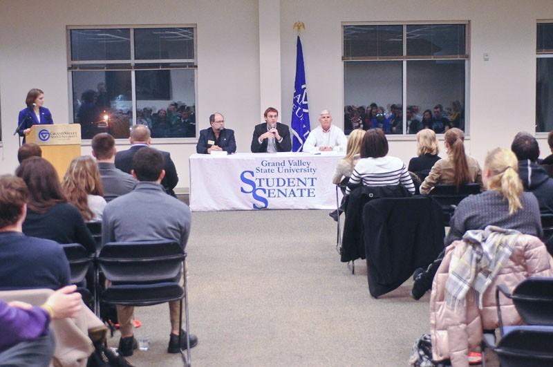 GVL / Eric Coulter
Greg VanWoerkom answers student's questions during Thursday's Student Senate Forum. VanWoerkom was accompanied by Arlin Mekhof and Dave Agema. 