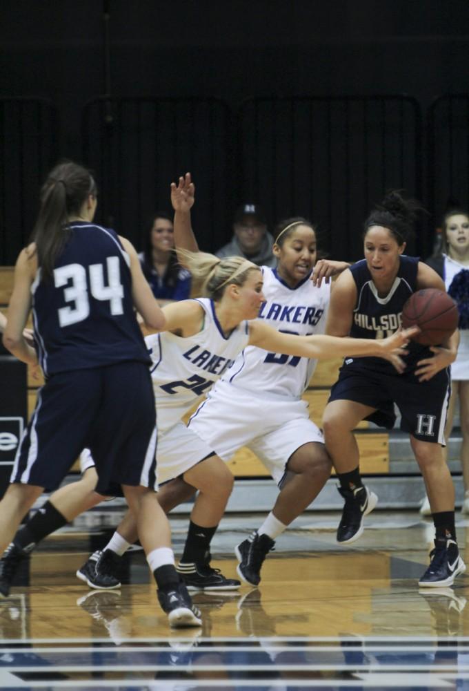 GVL / Robert Mathews
Forward Kara Crawford (24) fights for a tipped ball against Hillsdale. Crawford lead the lakers in assists with 5. 