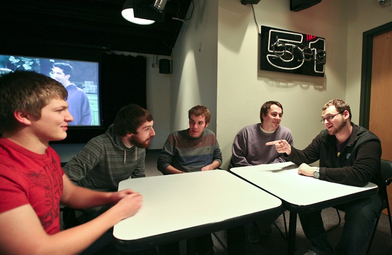 GVL / Eric Coulter
(From Left) Alex Kleiner, Casey Stoddard, Aric Pike, Joe Stahura, and Jarrett Weber all discuss their upcoming comedy show in Area 51. 