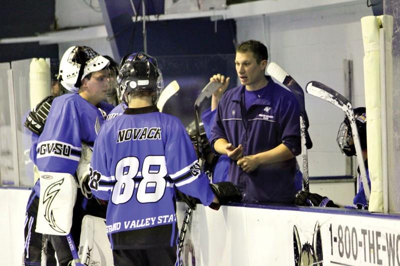 GVL / Robert Mathews
Goalie Greg Kortman, Kyle Novack, and Coach Tim Mastbergen going over a play during a timeout. 