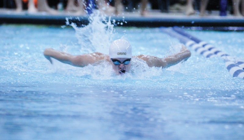 GVL / Archive
Freshman Sven Kardol butterflies during a past individual medley. The men’s (7-3, 4-1) and women’s (8-3, 4-1) swimming and diving teams will host the GLIAC Championships Wednesday at 5:30 p.m.
