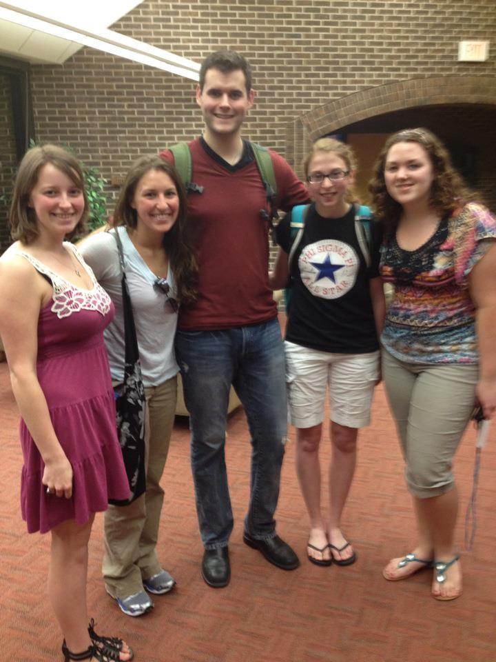 	Courtesy Photo/ Amanda Frazier
Justine Travis (left), Hayley Carter, Amanda Frazier and Danielle Weaver were some of the GVSU students who met Zach Wahls when he spoke on Monday.