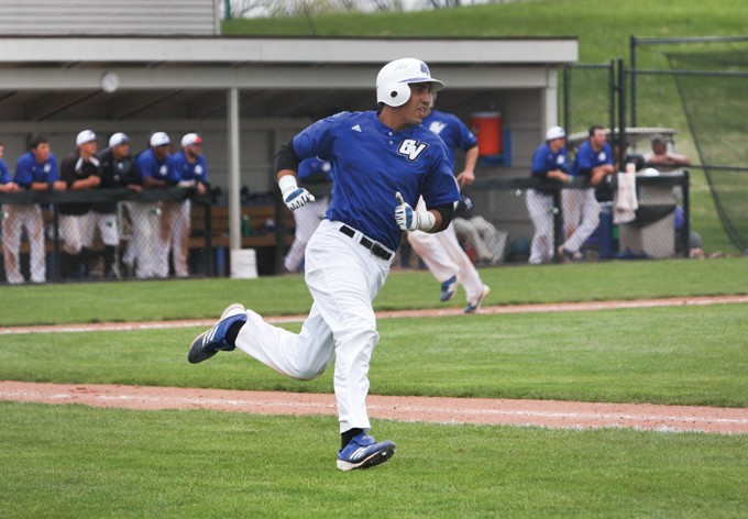 GVL / Robert Mathews
Giancarlo Brugnoni (40) rounding the bases during one of his four homeruns agains Tiffen. 