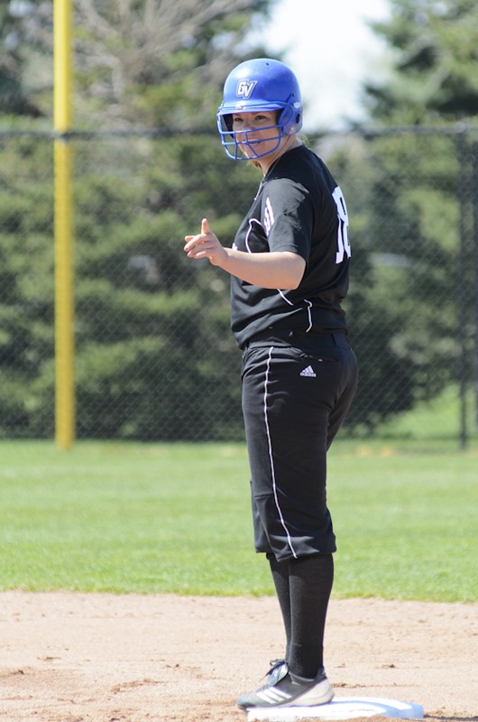 GVL / Bo Anderson

GVSU's Katie Martin points to her teammate after safely reaching second base.