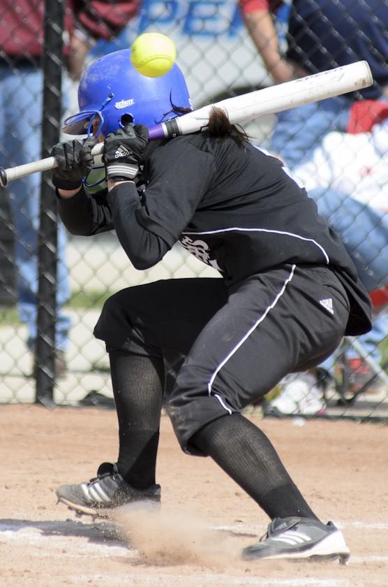 GVL / Bo Anderson

Maggie Kerrigan dodges an errant throw during game two of the double header with SVSU on Saturday.