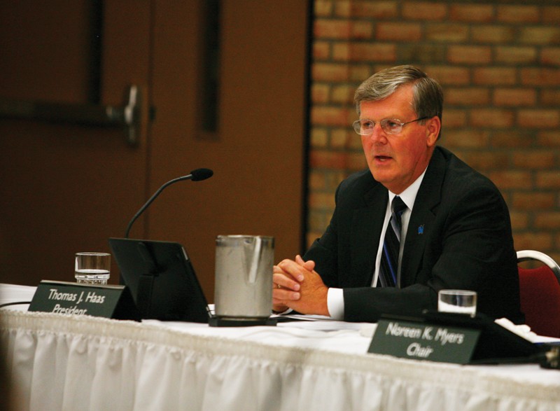 GVL / Robert MathewsPresident T. Haas speaking during the recent Board of Trustees meeting. 