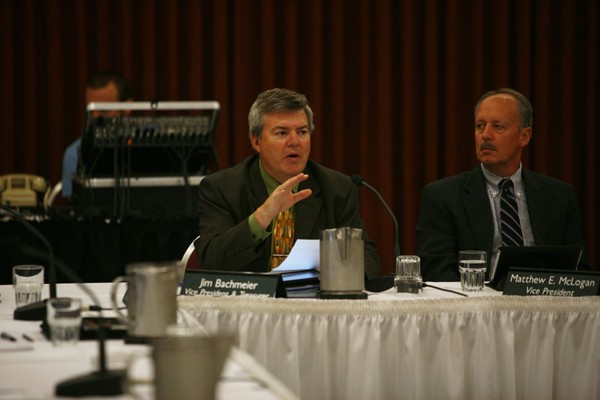 GVL / Robert MathewsJim Bachmeier dicuses the recent tuition increases at GVSU during the Board of Trustees Meeting. 