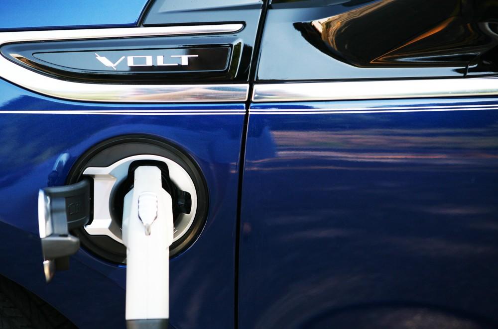 	A Chevy Volt plugged into a charging station on the Allendale Campus at Grand Valley State University. 