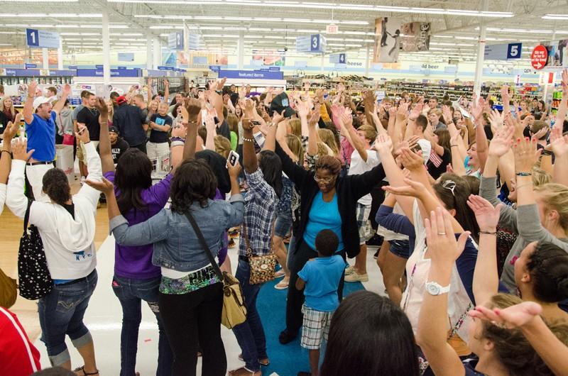 GVL/Bo Anderson Crowds of students joined in the dancing during Meijer Mania on Tuesday.