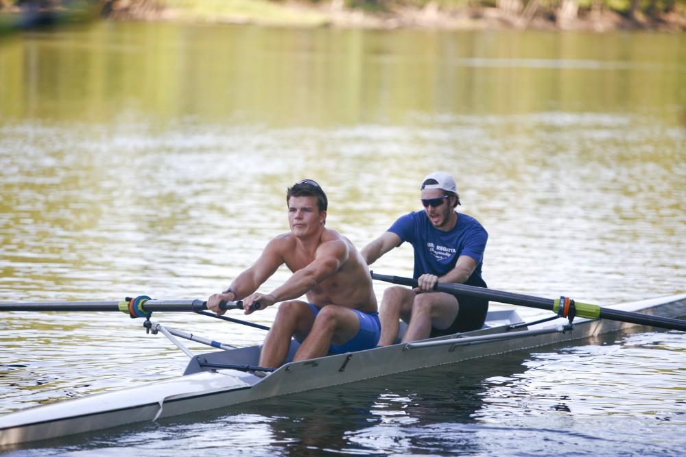 GVL / Eric CoulterNate Biolchini and Keegan Jahnke rows a pair out onto the Grand River