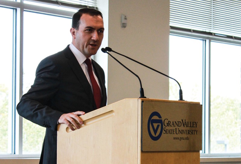 GVL / Kaitlyn Bowman
Consul General of Turkey Fatih Yildiz speaking to a packed room of Grand Valley studentds. 