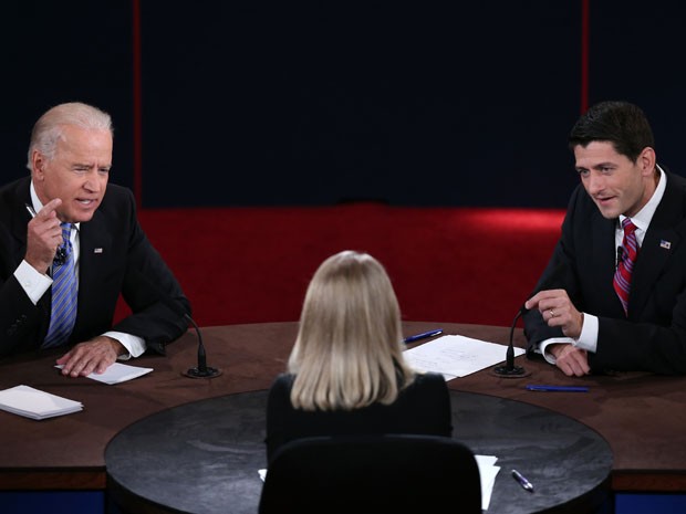 DANVILLE, KY - OCTOBER 11:  U.S. Vice President Joe Biden (L) and Republican vice presidential candidate U.S. Rep. Paul Ryan (R-WI) (R) participate in the vice presidential debate as moderator Martha Raddatz looks on at Centre College October 11, 2012 in Danville, Kentucky.  This is the second of four debates during the presidential election season and the only debate between the vice presidential candidates before the closely-contested election November 6.  (Photo by Win McNamee/Getty Images)