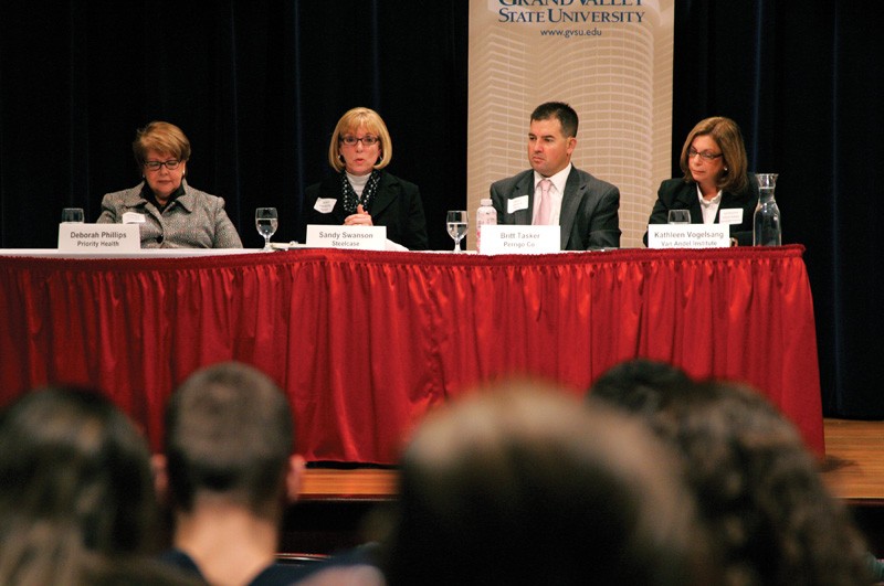 GVL / Amy HammondSandy Swanson speaking at the What DO Employers Want? Panel Discussion in the Loosemore Auditorium.