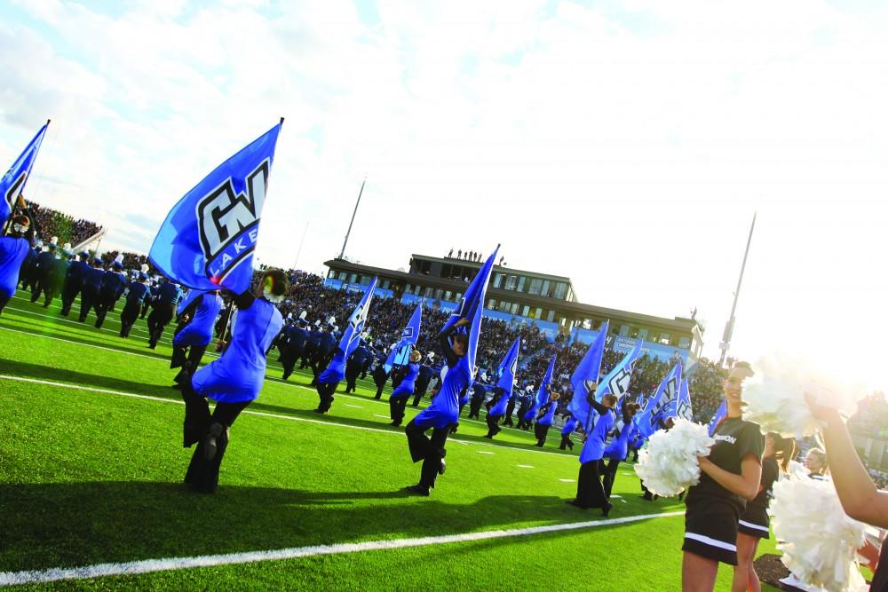 GVL / Archive
The GVSU Marching Band during pregame. 