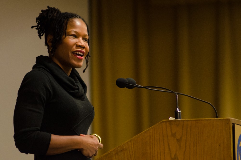 GVL/Bo AndersonMajora Carter delivers the keynote speech as part of the Martin Luther King Jr. celebration at Grand Valley on Thursday.