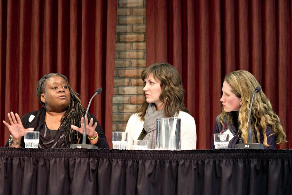GVL / Amanda Greenwood Panelist Mary Brown (left) speaks with Elissa Hillary and Lisa Starner (right)emphasizing the importance of environmental sustainability