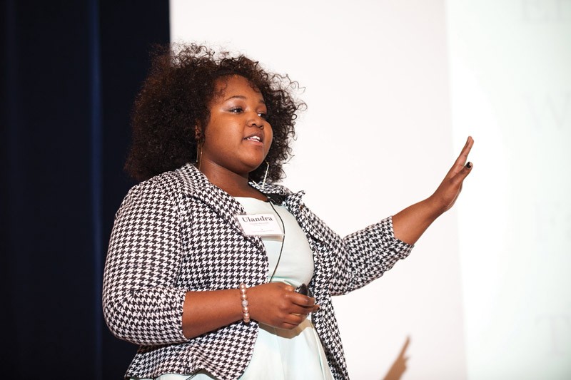Courtesy / David ChandlerGVSU student Ulandra Reynolds pitches her “All Things Weaved” idea during the fifth annual Business Plan Competition.