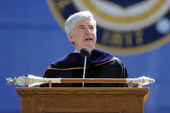 Courtesy / Melanie Maxwell / AnnArbor.comGov. Rick Snyder speaks during the 2011 University of Michigan Spring Commencement.