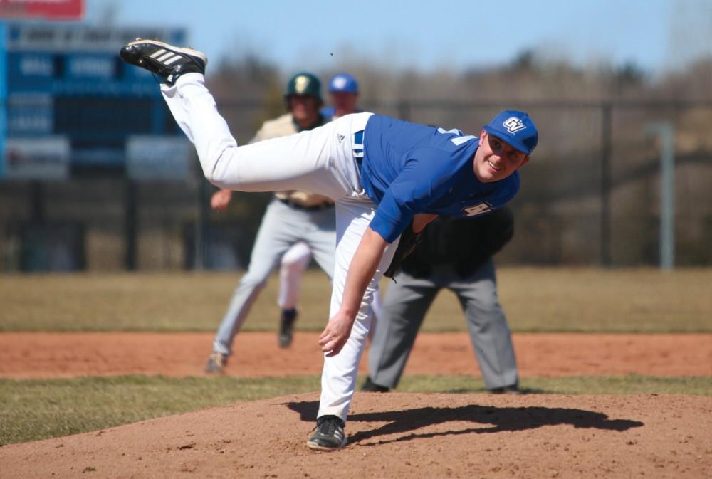 GVL / Robert Mathews
Senior Anthony Campanella pitching against Tiffin University during the Lakers double header. 