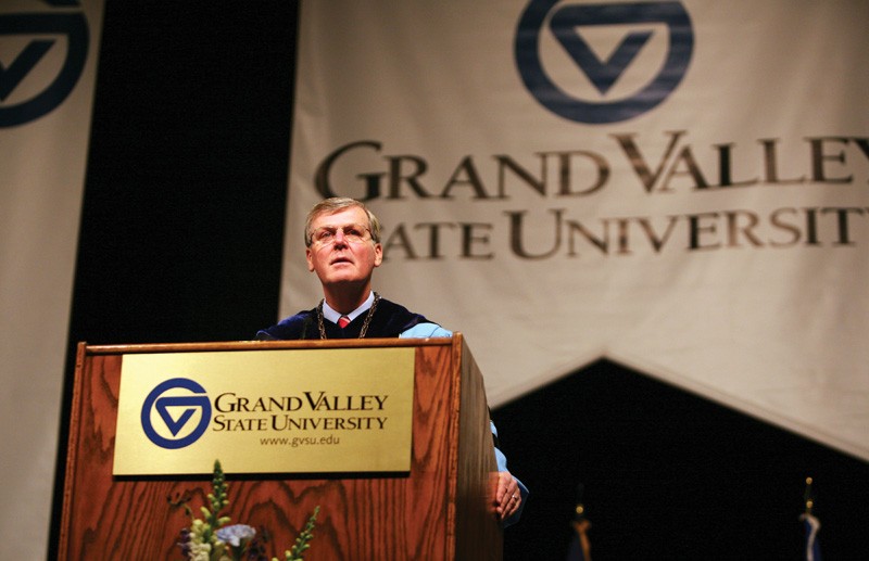 GVL / Robert MathewsPresident Thomas Haas addressing an audience of graduates and family members during the 2012 Fall Commencement. 