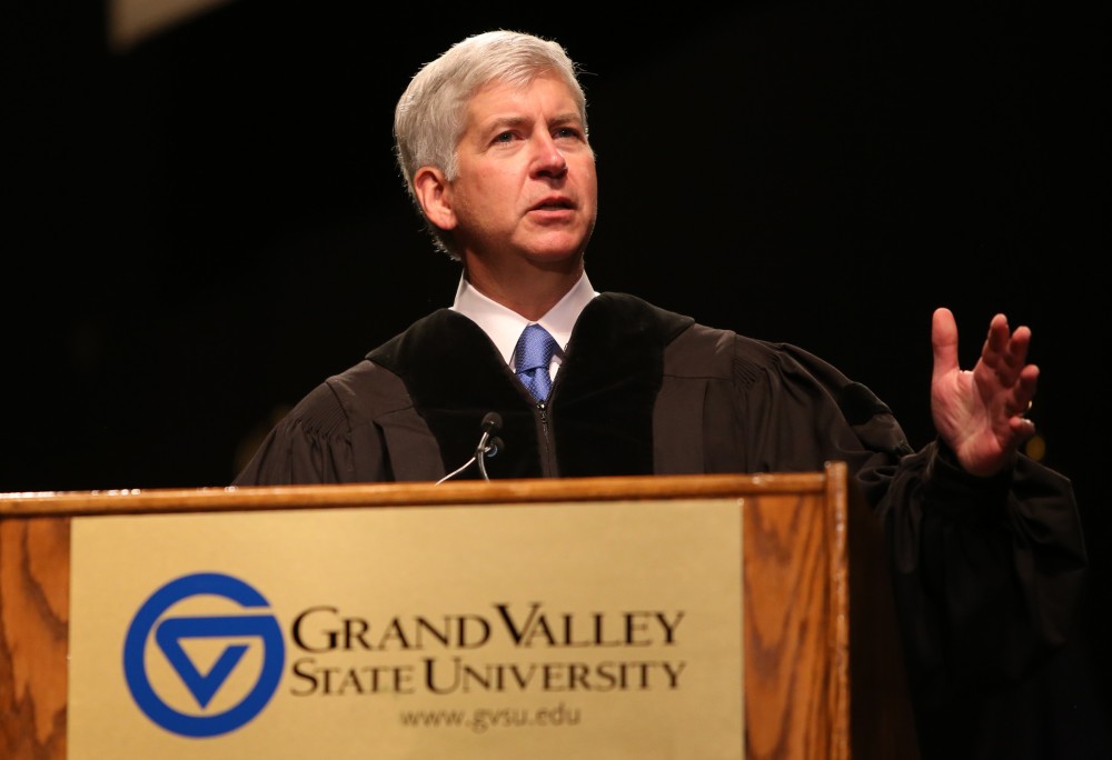 	GVL / Robert Mathews
Gov. Rick Snyder addressing the Grand Valley State University graduates at Van Andel Arena during the Commencement Ceremony held on April 27, 2013.