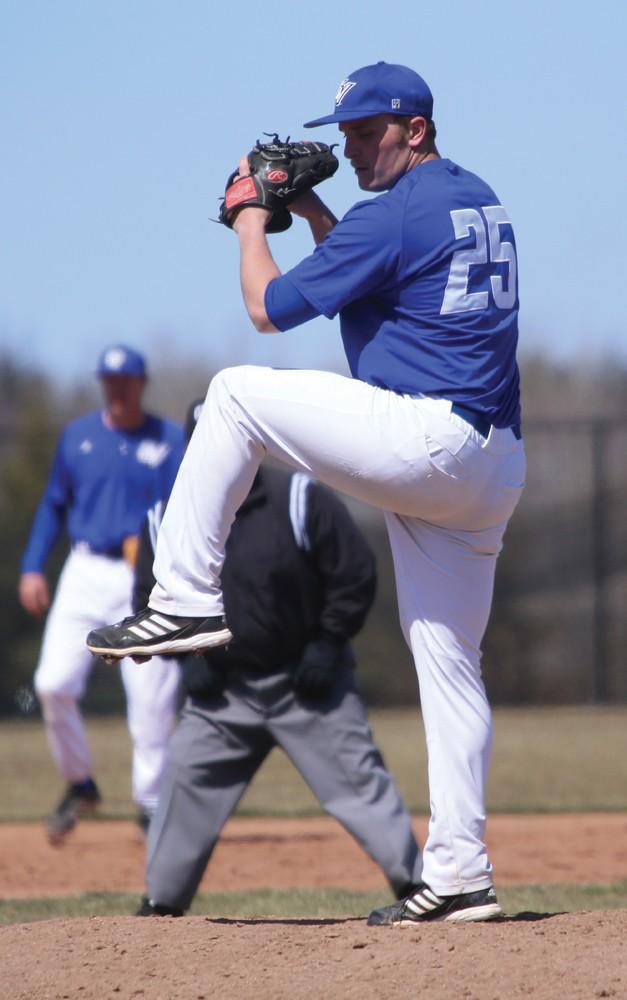 GVL / Robert MathewsSenior Anthony Campanella pitching against Tiffin University during the Lakers double header.