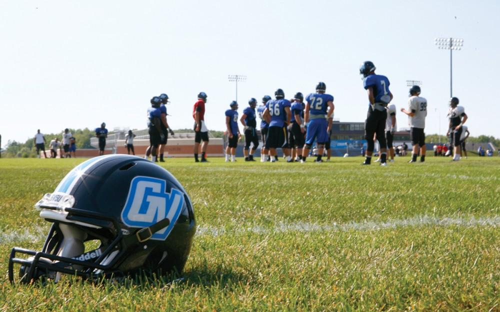 GVL / Eric CoulterThe Laker football team practice in the shadow of Lubbers Stadium