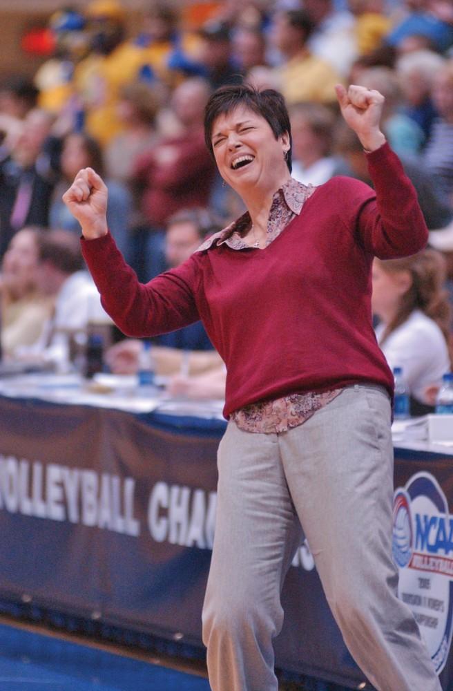 GVL / Archive
GV head coach Deanne Scanlon celebrates the game point to win the National Title against UNK in 2005.              