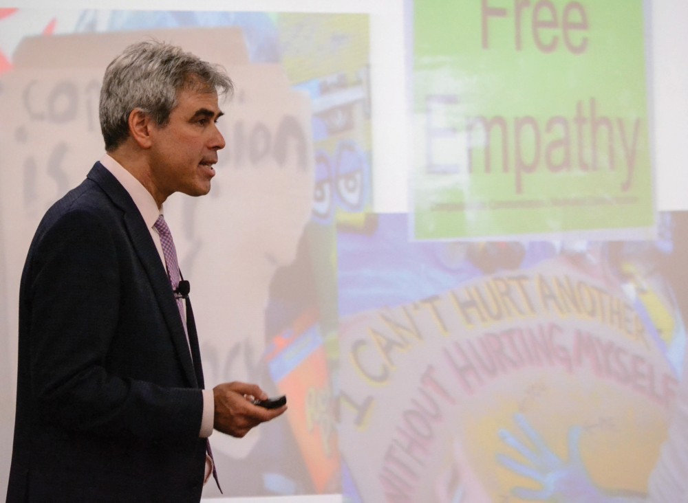 GVL / Hannah Mico. Jonathan Haidt, author of The Righteous Mind, spoke at the Eberhard Center downtown on Tuesday evening about the concepts in his new book and shared much of the psychological research behind his writing.