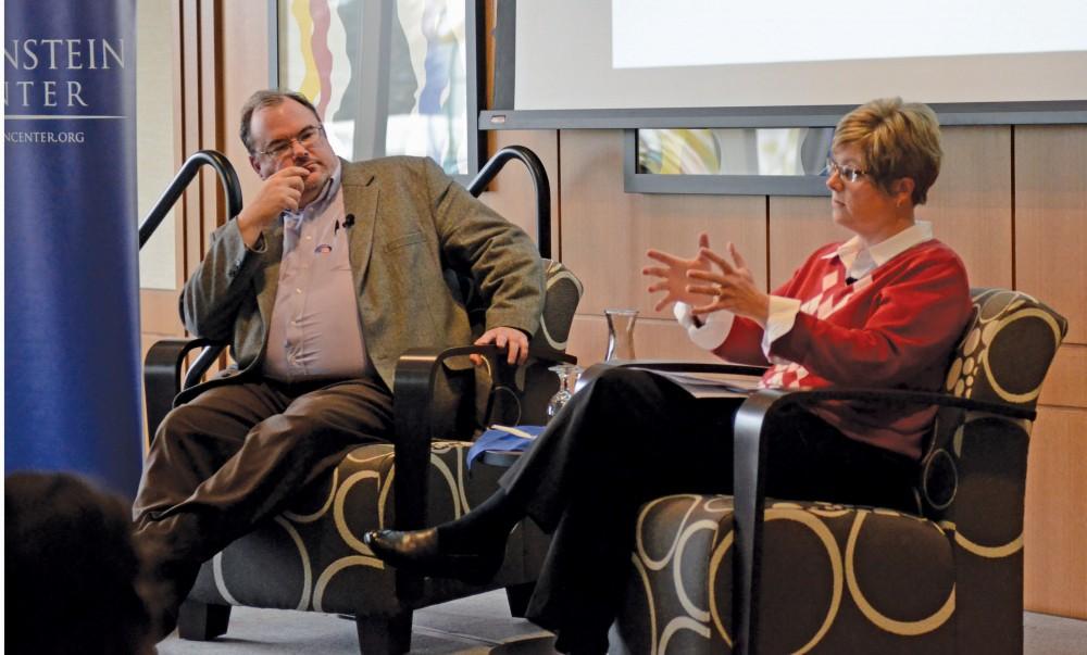 Courtesy / DeLain Bomer III
Mark Hoffman, Associate Professor and Director of the School of Public, Nonprofit and Health Administration, and Donijo Robbins, also a professor of the SPNHA, participated in the Hauenstein Center's Coffee House Debates this past Tuesday.
