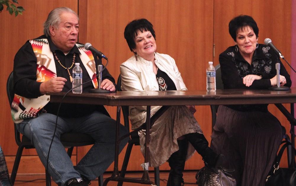 GVL / Laine Girard
(Left )Warren Petoskey, (Middle) Kay McGowen, and (Right) Fay Givens speak to students on Native American Heritage Month. During this discussion they talked about the celebration of the history, culture, traditions and contributions of native americans and emphasized how important it was to keep this tradition present in our society. 
