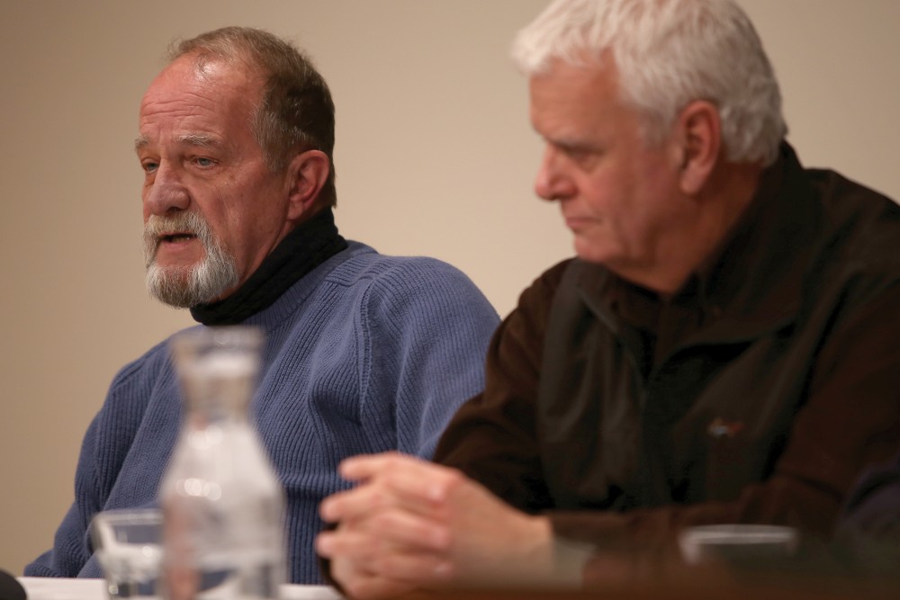 GVL / Robert Mathews
Rich Jakubczak (right) and Jim VandenBosch share their stories before an audience in the Loosemore Auditorium. The event is organized by the GVSU Veterans History Project.
