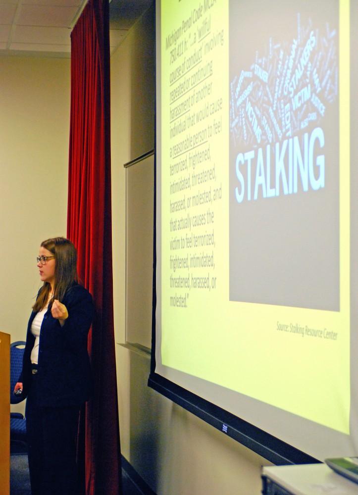 GVL / Hannah Mico
Tara Aday, and grad student here at Grand Valley and the Development and Communications Associate at Safe Haven Ministries, educated students on campus about the dangers of stalking and how to avoid and prevent threatening situations.