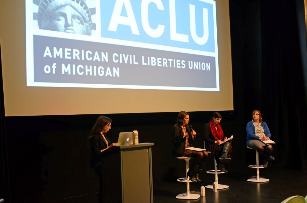 GVL/Kevin Sielaff
Presentors Jessica Jennrich of the Grand Valley State University Womens Center, Dani Vilella of Planned Parenthood, and Merissa Kovach of the ACLU (American Civil Liberties Union) tackle the issue of gender equality at the Urban Institute in Grand Rapids.