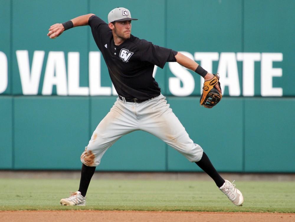 Courtesy / GVSU Lakers Junior INF Kevin Zak making a throw during the Lakers playoff run. 