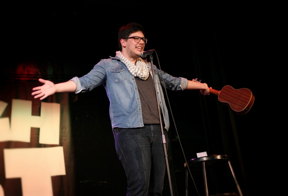 GVL / Laine GirardGrand Valley student and Comedian Jacob Guarjardo performs at the Wealthy Theatre for Laugh Fest.