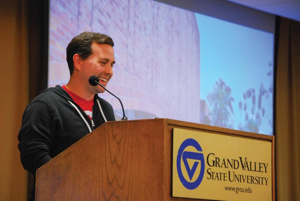 GVL / Hannah Mico. Grand Valley State alumnus Alex Restrepo was an international student himself, originally from Columbia. He shares his experiences with students attending the AISO Conference, hosted by GVSU this year.