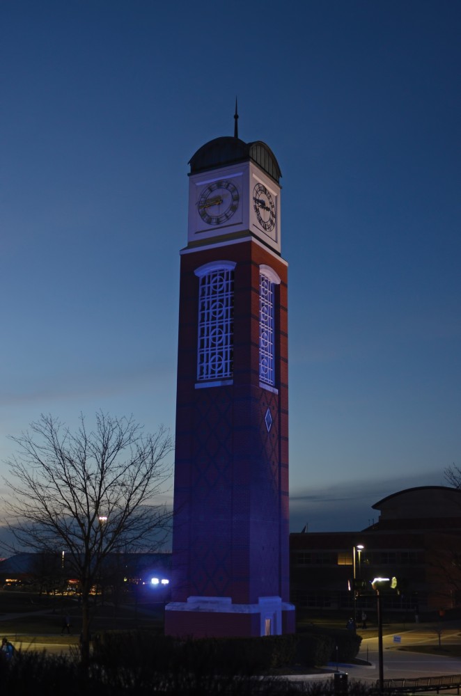 Carillon clock tower turns cerulean in honor of autism awareness