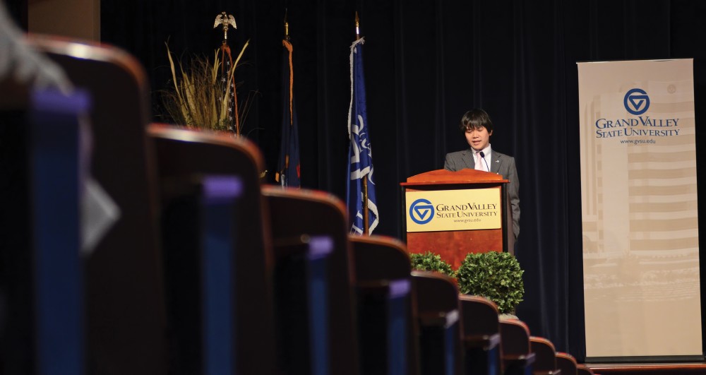 GVL/Kevin Sielaff
Kentaro Taki is the twentieth visiting official from the Shiga Prefectural Government in Japan; this past Saturday in Loosemore Auditorium, he discussed common differences between American and Japanese culture during the Michigan Japanese Heritage and Culture Conference.