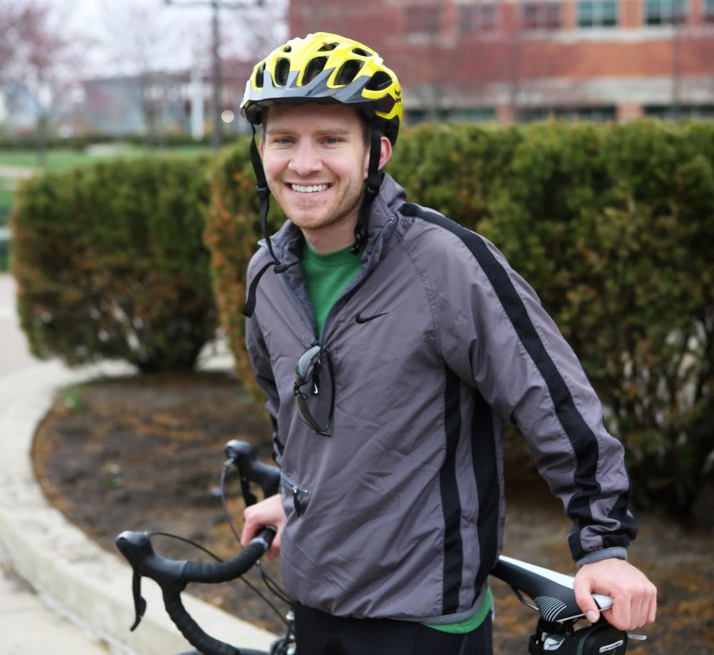 GVL/Kevin SielaffColin Kameraad, Grand Valley student and bicyclist, plans to make a journey across the the United State this summer. Over the past few months, he has trained vigourously in preparation for his intense voyage. 