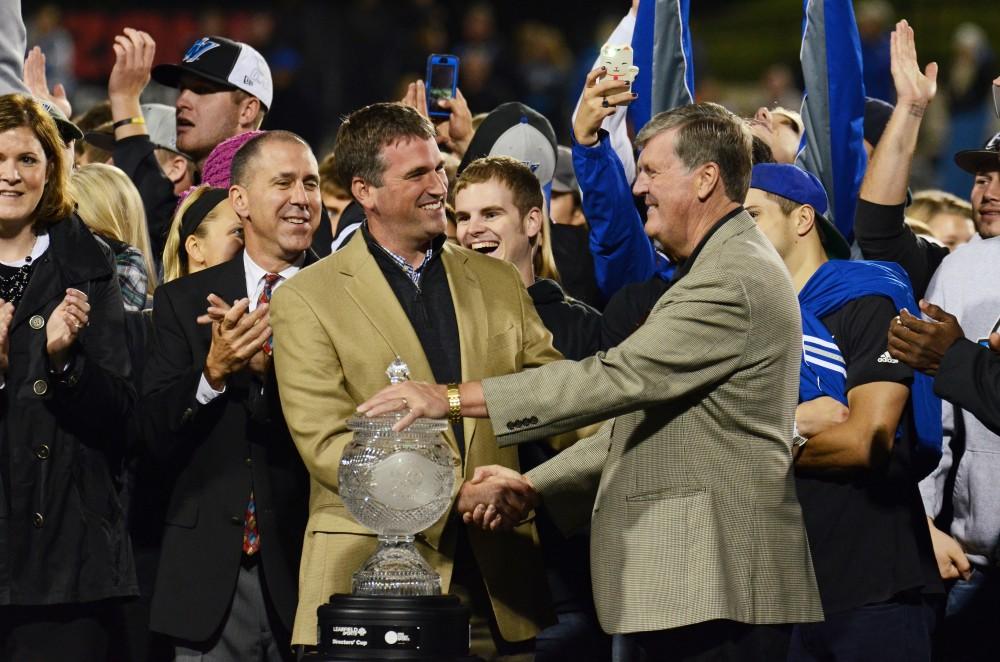 GVL/Kevin Sielaff
- Thomas Haas accepting the director's cup at the GVSU vs Ohio Dominican game. 