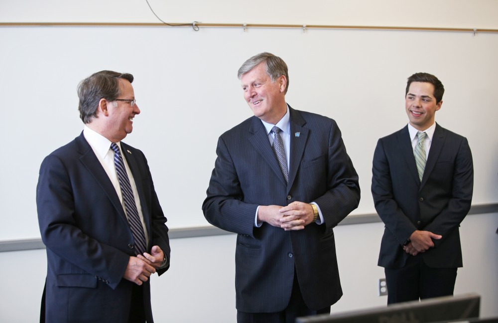 GVL/Kevin SielaffU.S. Senator Gary Peters with GVSU President Thomas Haas and Student Senate President Andrew Plague