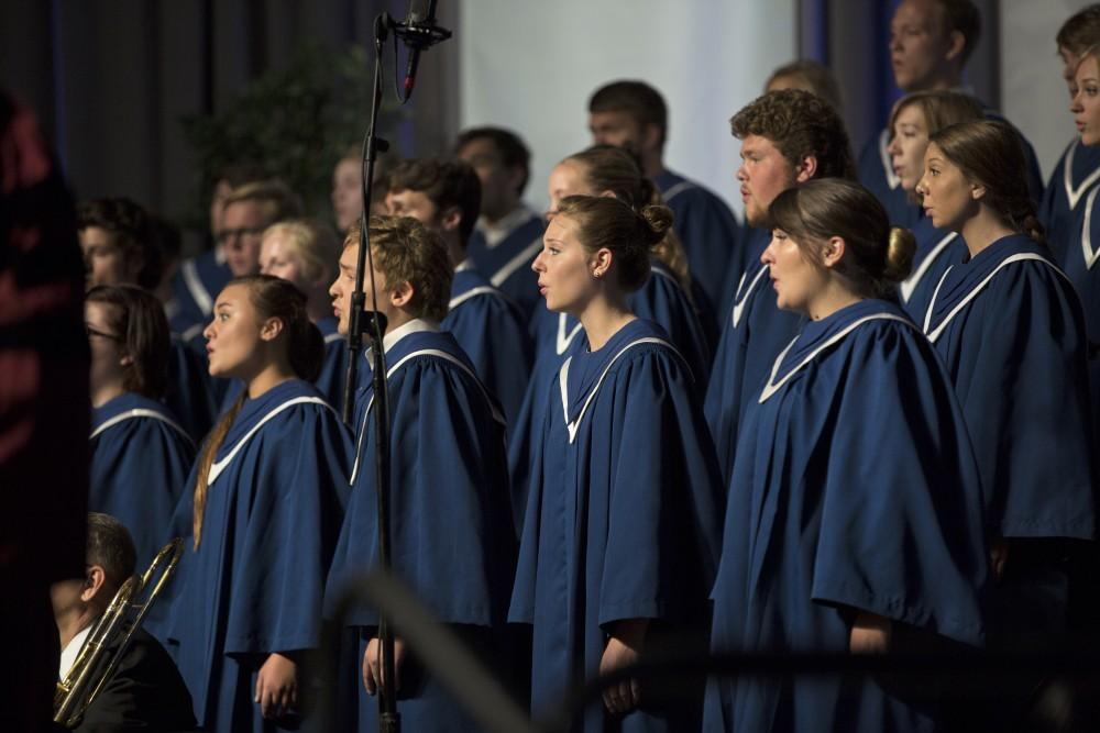 Dean Kamen, founder and president of DEKA Research and Development Corp., GVL / Kevin Sielaff
Grand Valley kicks off the academic year with their annual convocation ceremonies, held Friday, August 29th, 2015 inside the Fieldhouse Arena. The choir sings as the ceremony comes to a close.
  