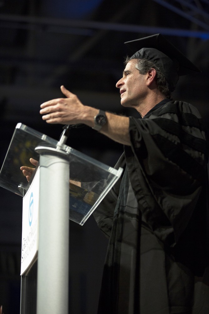 GVL / Kevin Sielaff
Dean Kamen, renowned inventor and entrepreneur, speaks during convocation. Grand Valley kicks off the academic year with their annual convocation ceremonies, held August 29th, 2015 inside the Fieldhouse Arena.  