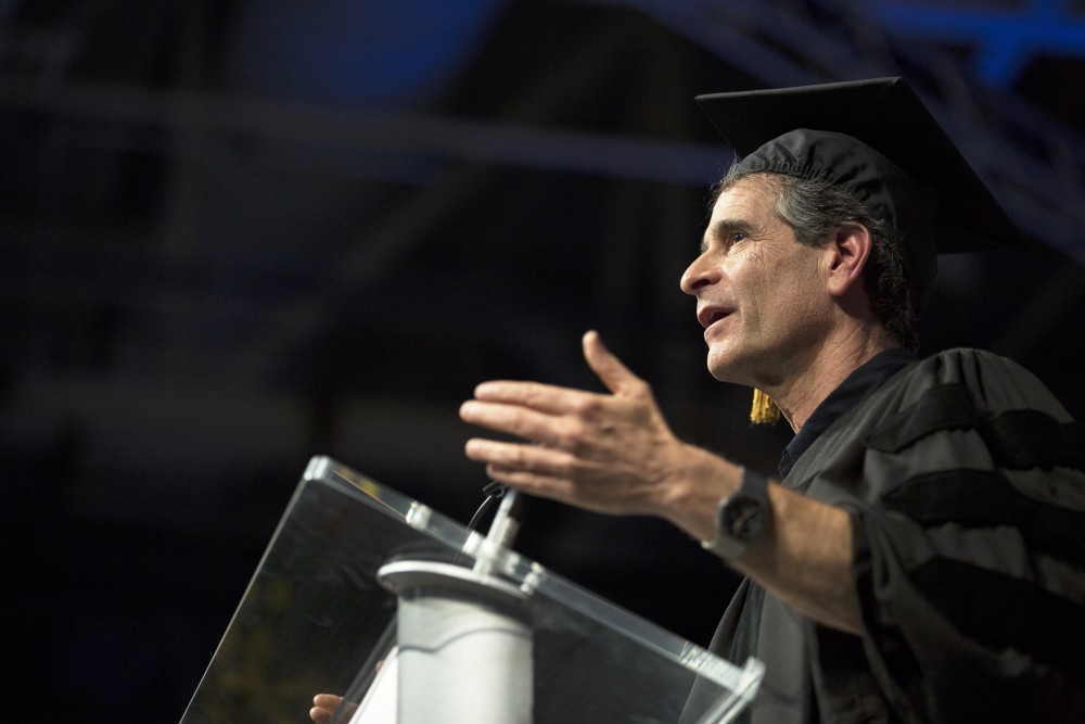 GVL / Kevin Sielaff
Dean Kamen, renowned inventor and entrepreneur, speaks during convocation. Grand Valley kicks off the academic year with their annual convocation ceremonies, held August 29th, 2015 inside the Fieldhouse Arena.  