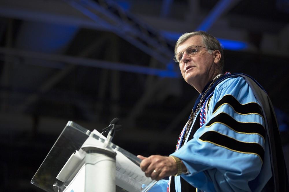 GVL / Kevin Sielaff
President Thomas Haas speaks during convocation. Grand Valley kicks off the academic year with their annual convocation ceremonies, held August 29th, 2015 inside the Fieldhouse Arena.  