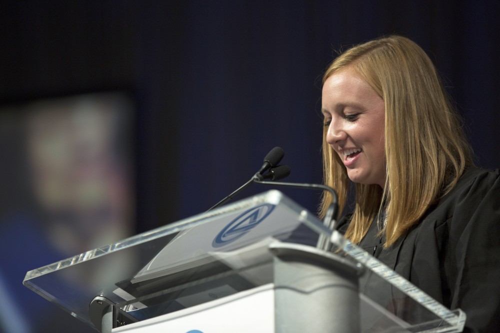 GVL / Kevin Sielaff
Student body president Maddie Cleghorn speaks during convocation. Grand Valley kicks off the academic year with their annual convocation ceremonies, held August 29th, 2015 inside the Fieldhouse Arena.  