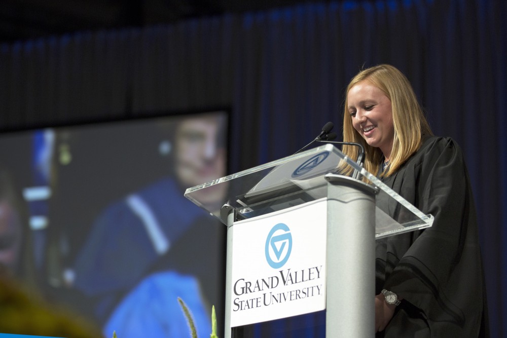 GVL / Kevin Sielaff
Student body president Maddie Cleghorn speaks during convocation. Grand Valley kicks off the academic year with their annual convocation ceremonies, held August 29th, 2015 inside the Fieldhouse Arena.  