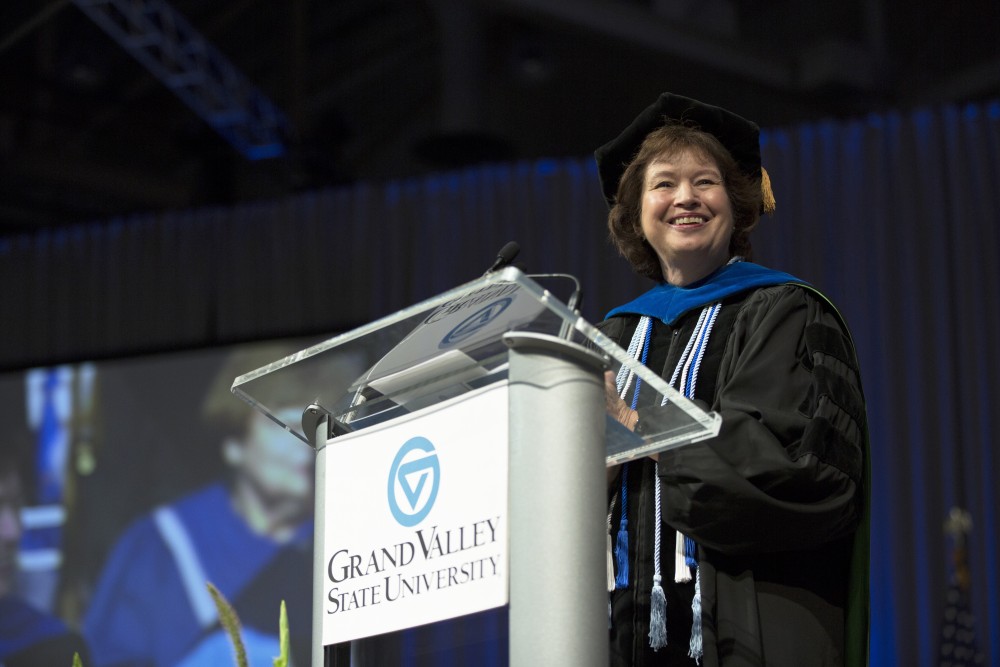 GVL / Kevin Sielaff
Provost Gayle Davis speaks at convocation. Grand Valley kicks off the academic year with their annual convocation ceremonies, held August 29th, 2015 inside the Fieldhouse Arena.  